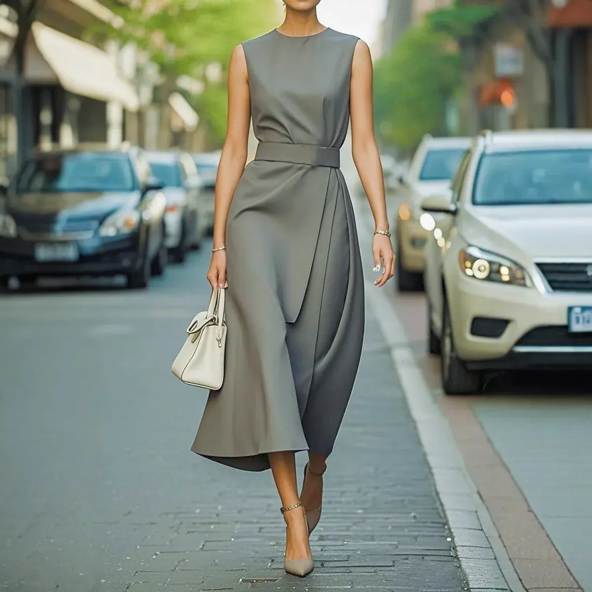 Elegant Office Lady Solid Minimalist Tank Dress for Women Ruched High Waist Round Neck Sleeveless Casual Midi Dresses 2025
