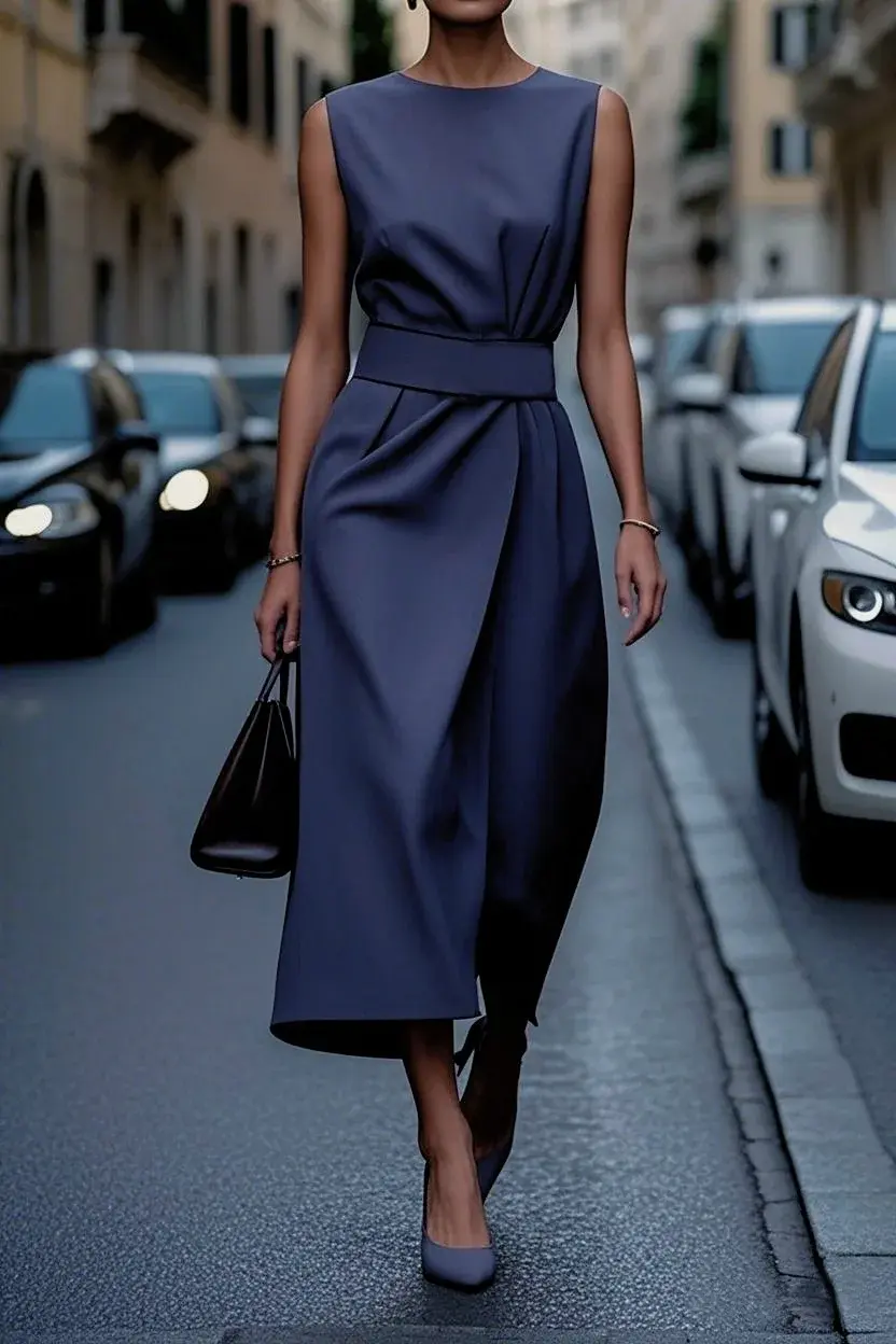 Elegant Office Lady Solid Minimalist Tank Dress for Women Ruched High Waist Round Neck Sleeveless Casual Midi Dresses 2025