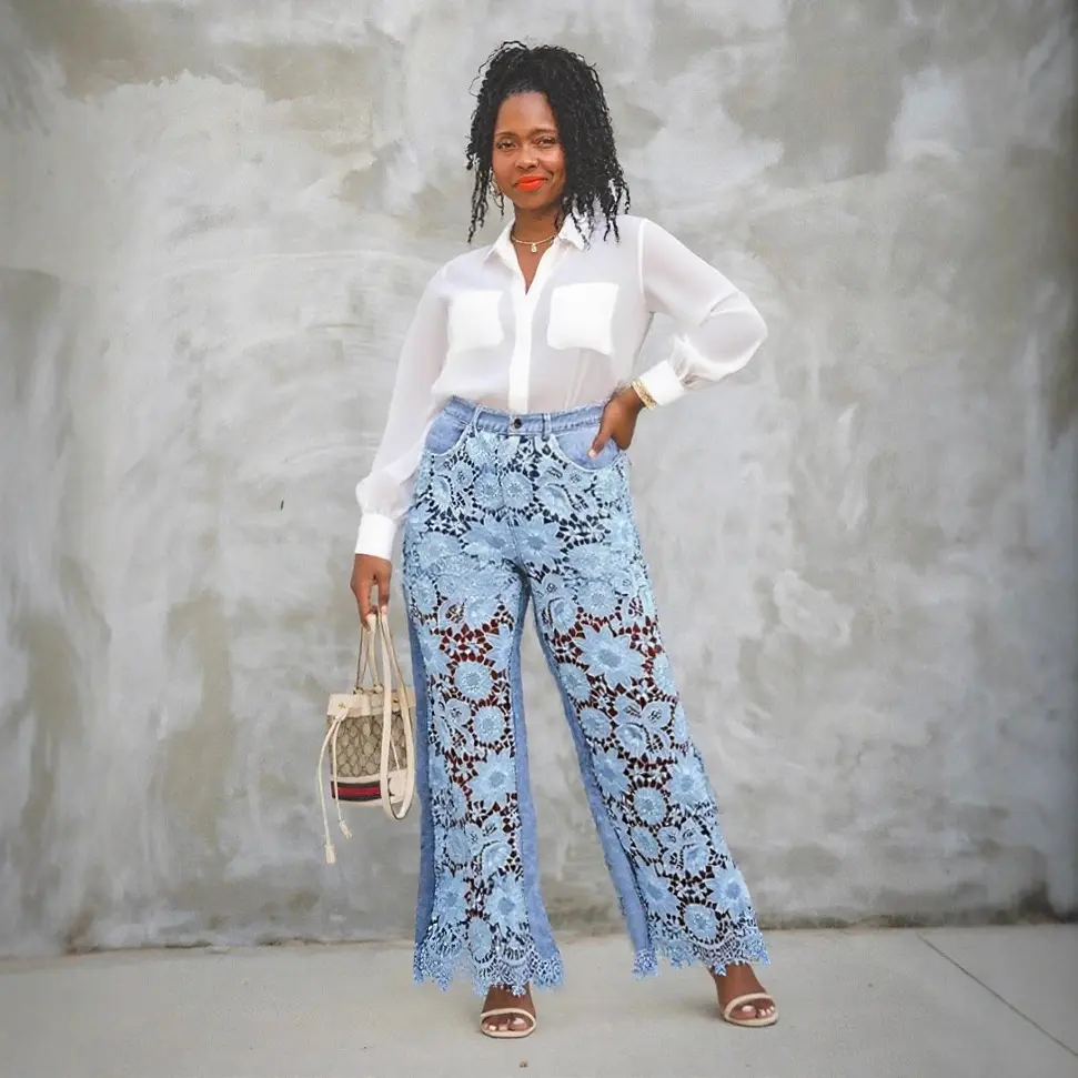 Women Lace Hollow Out Jeans High Waist Elegant Casual Vintage Straight Denim Pants Streetwear See Through Denim Trousers 2025