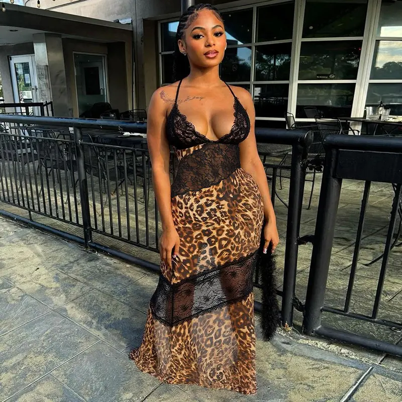 Sexy Lace Leopard Printed Camis Dress Spaghetti Strap Streetwear Party Club Lace Patchwork Slim Maxi Dresses for Women Summer