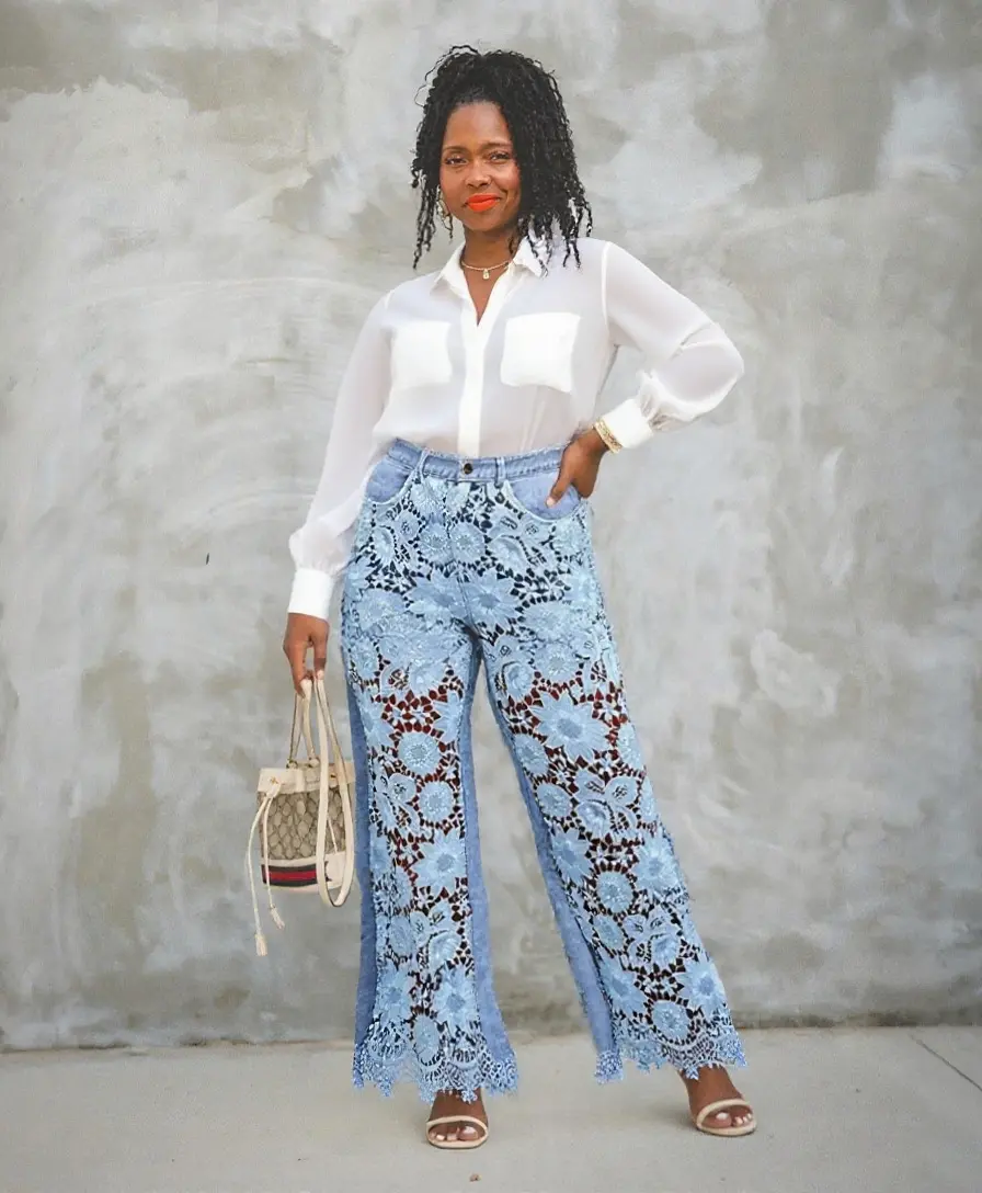 Women Lace Hollow Out Jeans High Waist Elegant Casual Vintage Straight Denim Pants Streetwear See Through Denim Trousers 2025