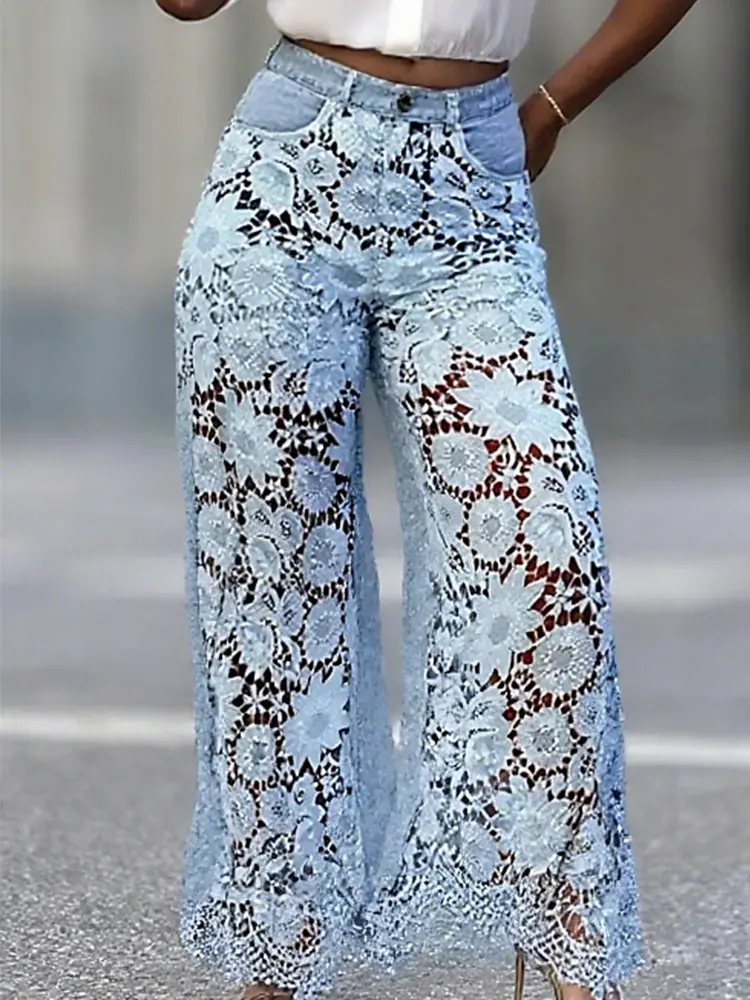 Women Lace Hollow Out Jeans High Waist Elegant Casual Vintage Straight Denim Pants Streetwear See Through Denim Trousers 2025