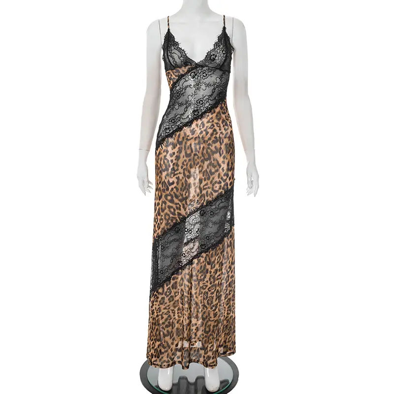 Sexy Lace Leopard Printed Camis Dress Spaghetti Strap Streetwear Party Club Lace Patchwork Slim Maxi Dresses for Women Summer