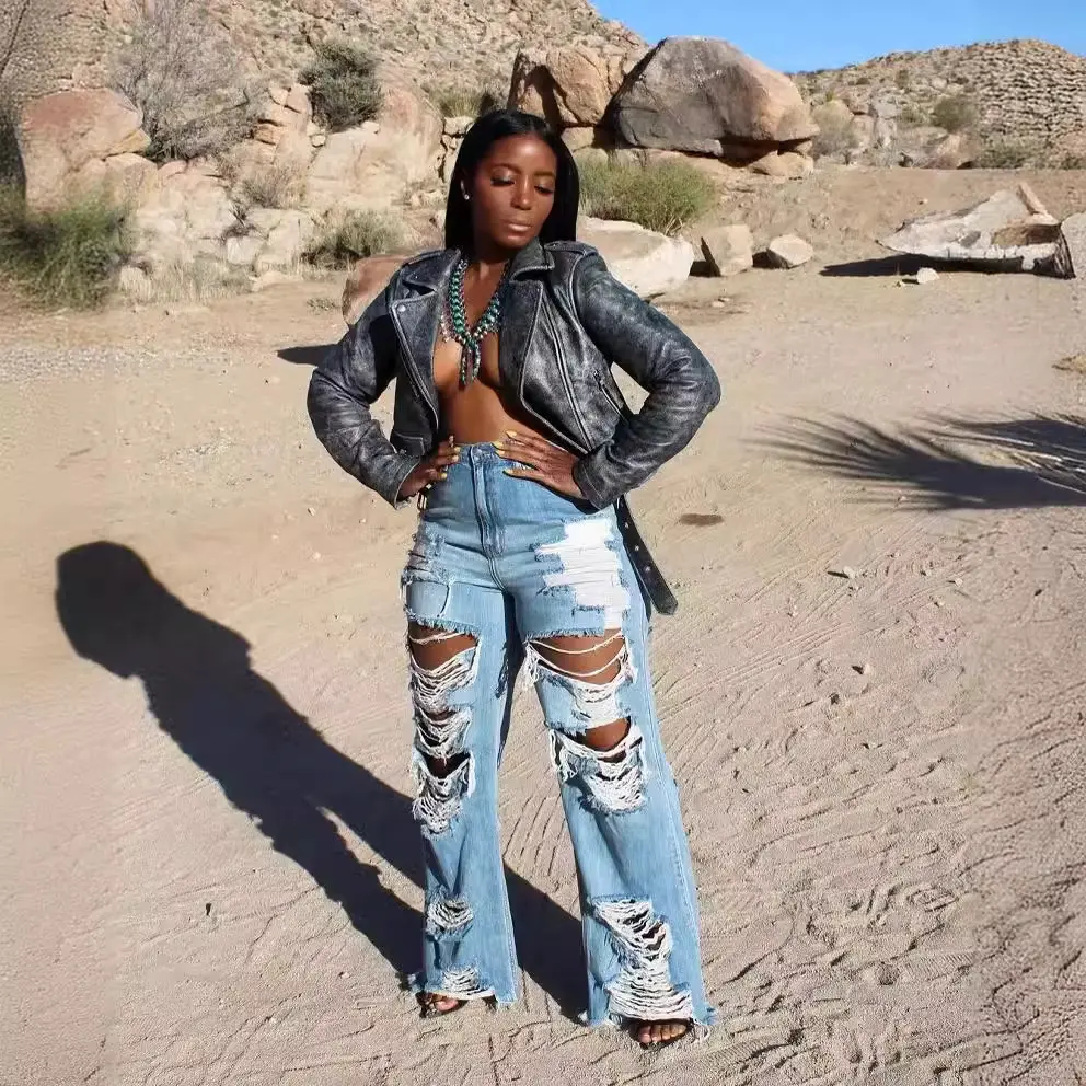 Women Holes Denim Straight Pants High Waist Sexy Vintage Streetwear Casual Hollow Out Pockets Jeans Trouser for Women's 2025