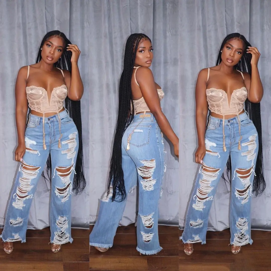 Women Holes Denim Straight Pants High Waist Sexy Vintage Streetwear Casual Hollow Out Pockets Jeans Trouser for Women's 2025
