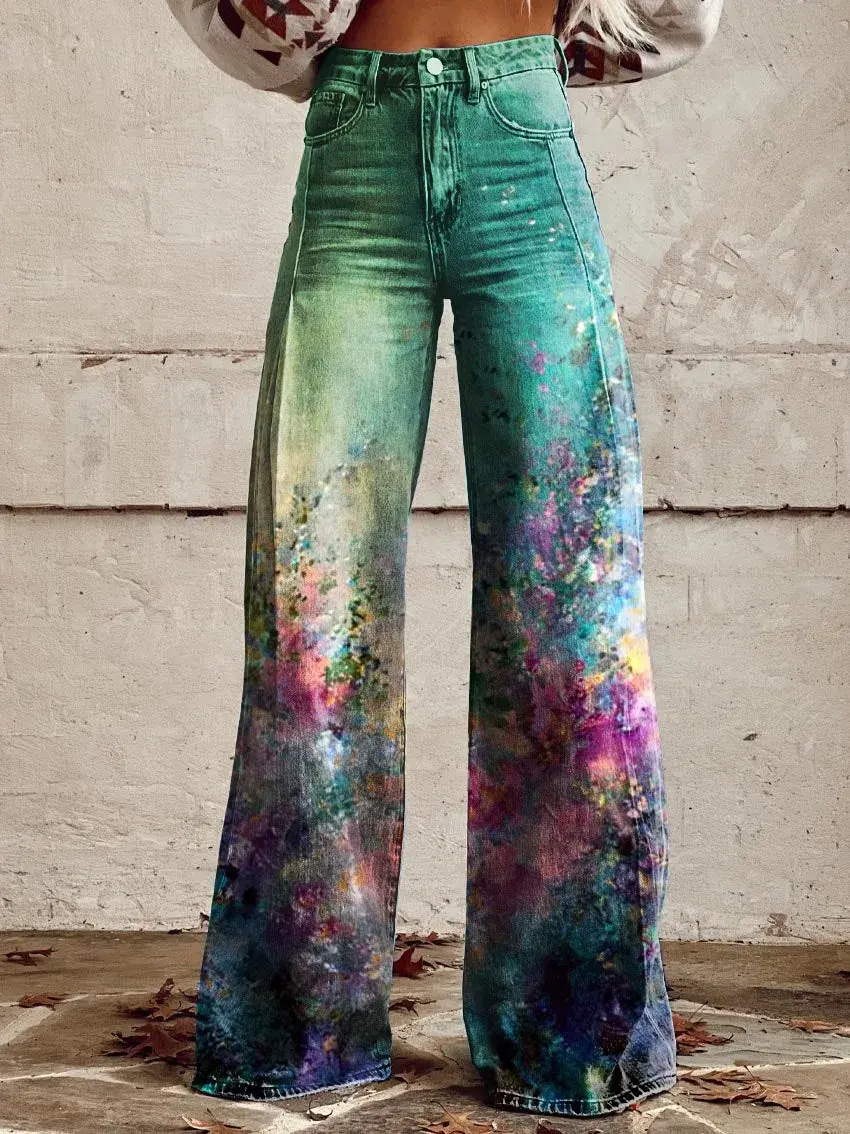 Women Ameican Retro Pants High Waist Floral Printed Loose Harajuku Vintage Wide Leg Trousers Spring Streetwear Pants 2025