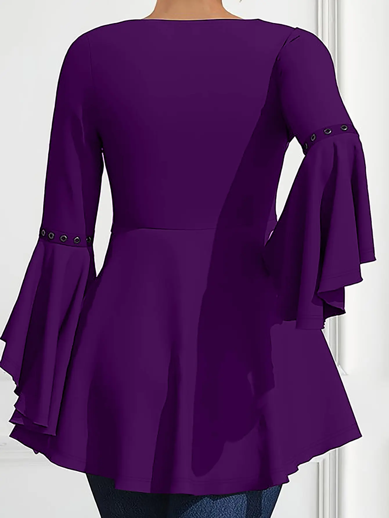 Women Plus Size T shirt Flare Sleeve Lace Up Long Sleeve V-Neck Hollow Out Eyelets Tee Top Autumn Casual Fashion Elegant T shirt
