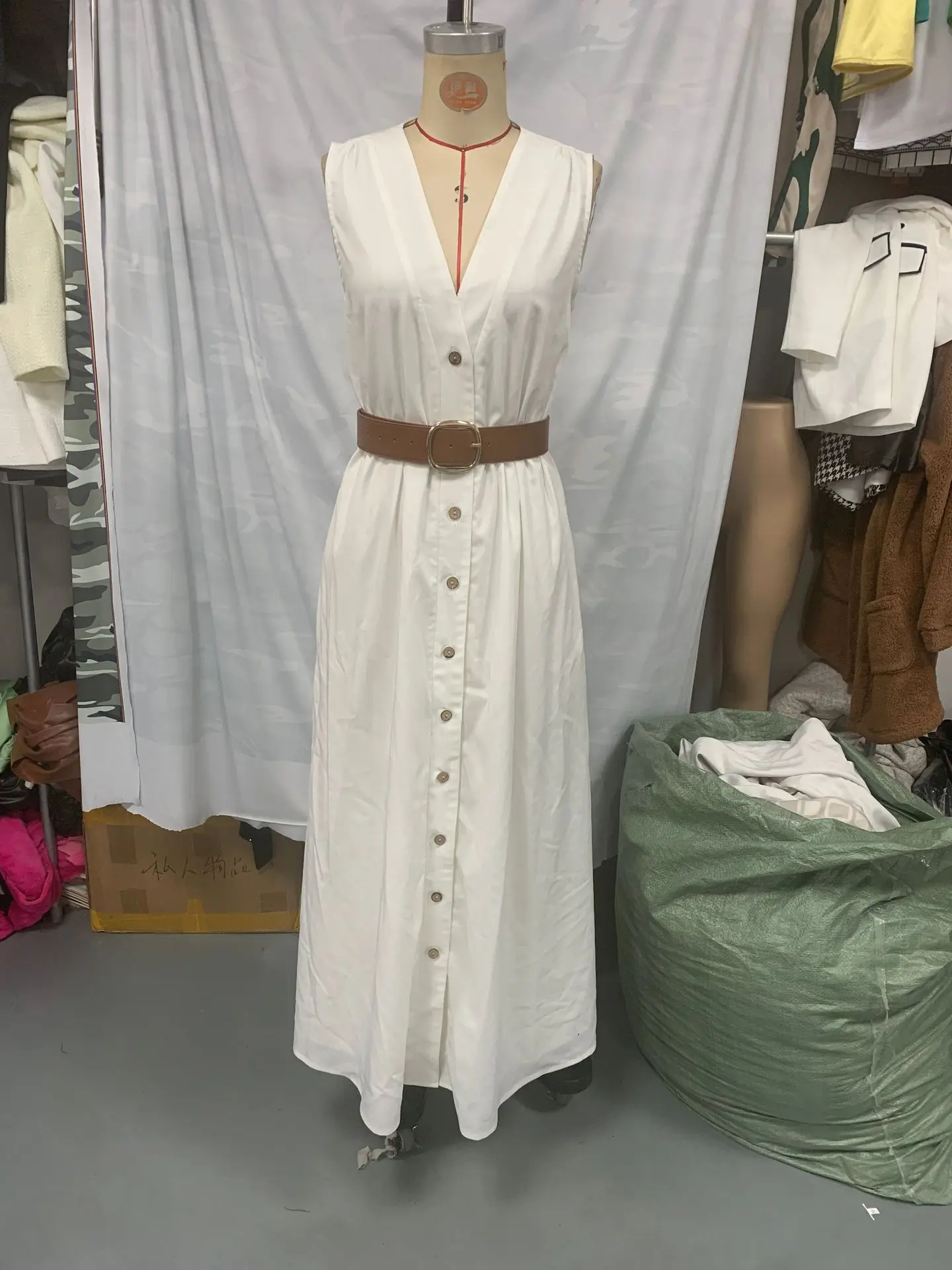 Elegant Tank Dress for Women Sexy Deep V-neck Single Breasted Minimalist Sleeveless Office Lady Summer Dresses with Belt