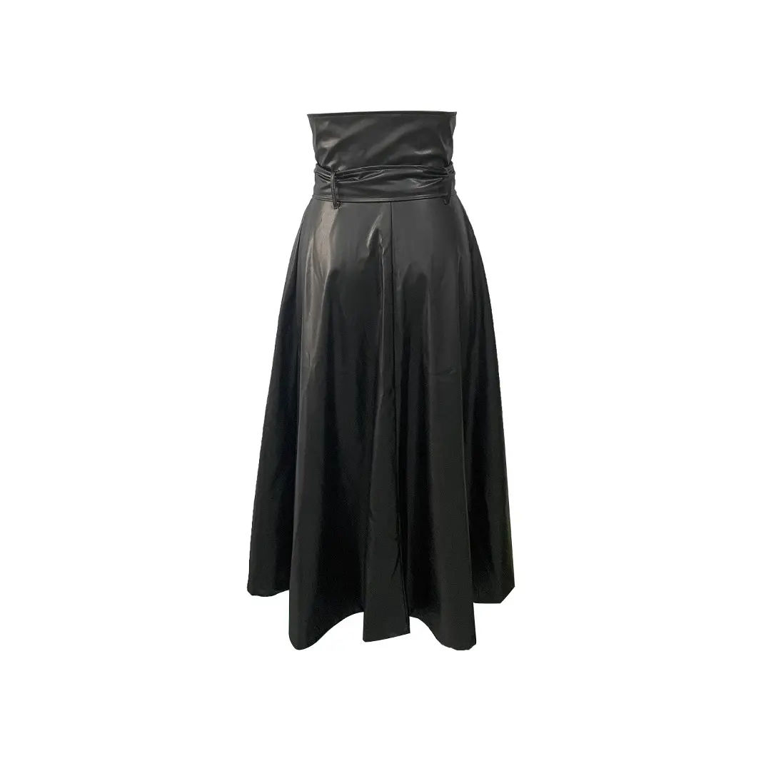 High Slit Hem Pleated A-Line Skirt Faux Leather PU High Waist Vintage Casual Black Maxi Skirt for Women Autumn Fashion Dress