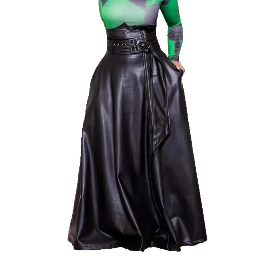 High Slit Hem Pleated A-Line Skirt Faux Leather PU High Waist Vintage Casual Black Maxi Skirt for Women Autumn Fashion Dress