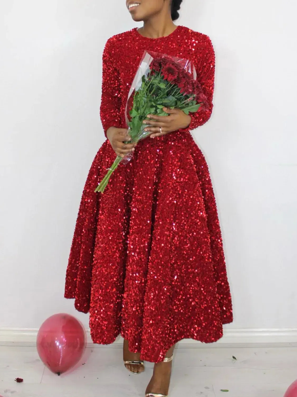 Sequin Pleated A-Line Plus Size Dress Semi Formal Round Neck Long Sleeve Cocktail Spring Fashion Sequin Midi Dresses 2024