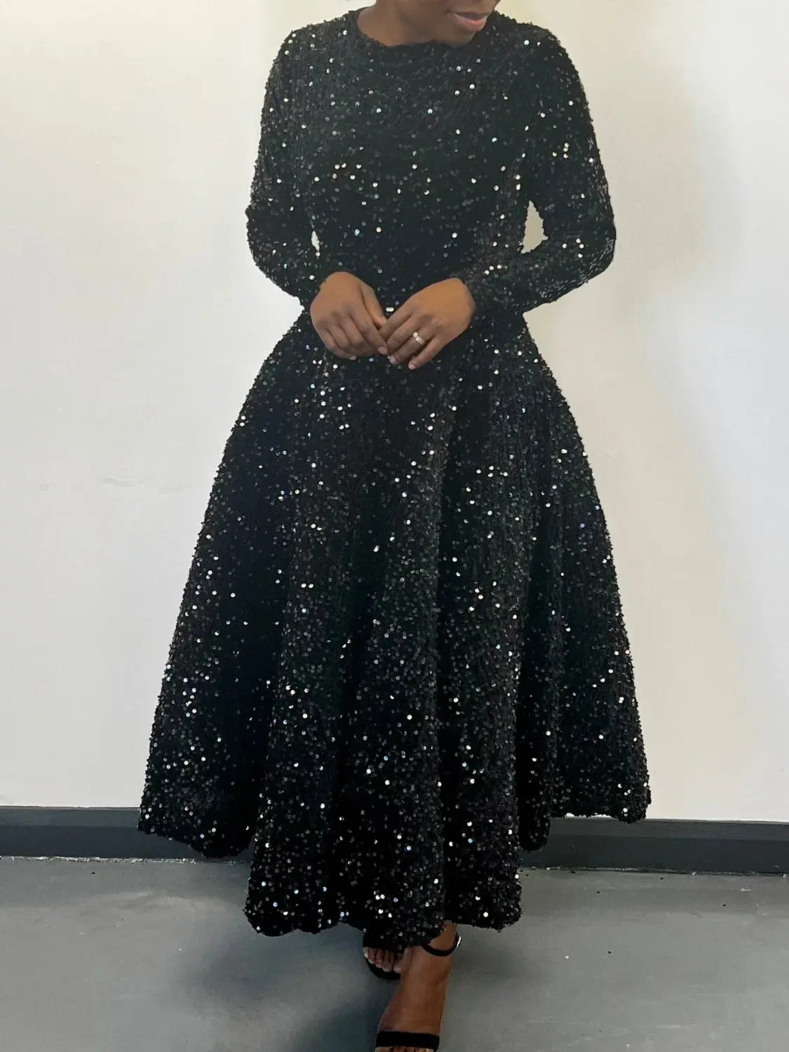 Sequin Pleated A-Line Plus Size Dress Semi Formal Round Neck Long Sleeve Cocktail Spring Fashion Sequin Midi Dresses 2024