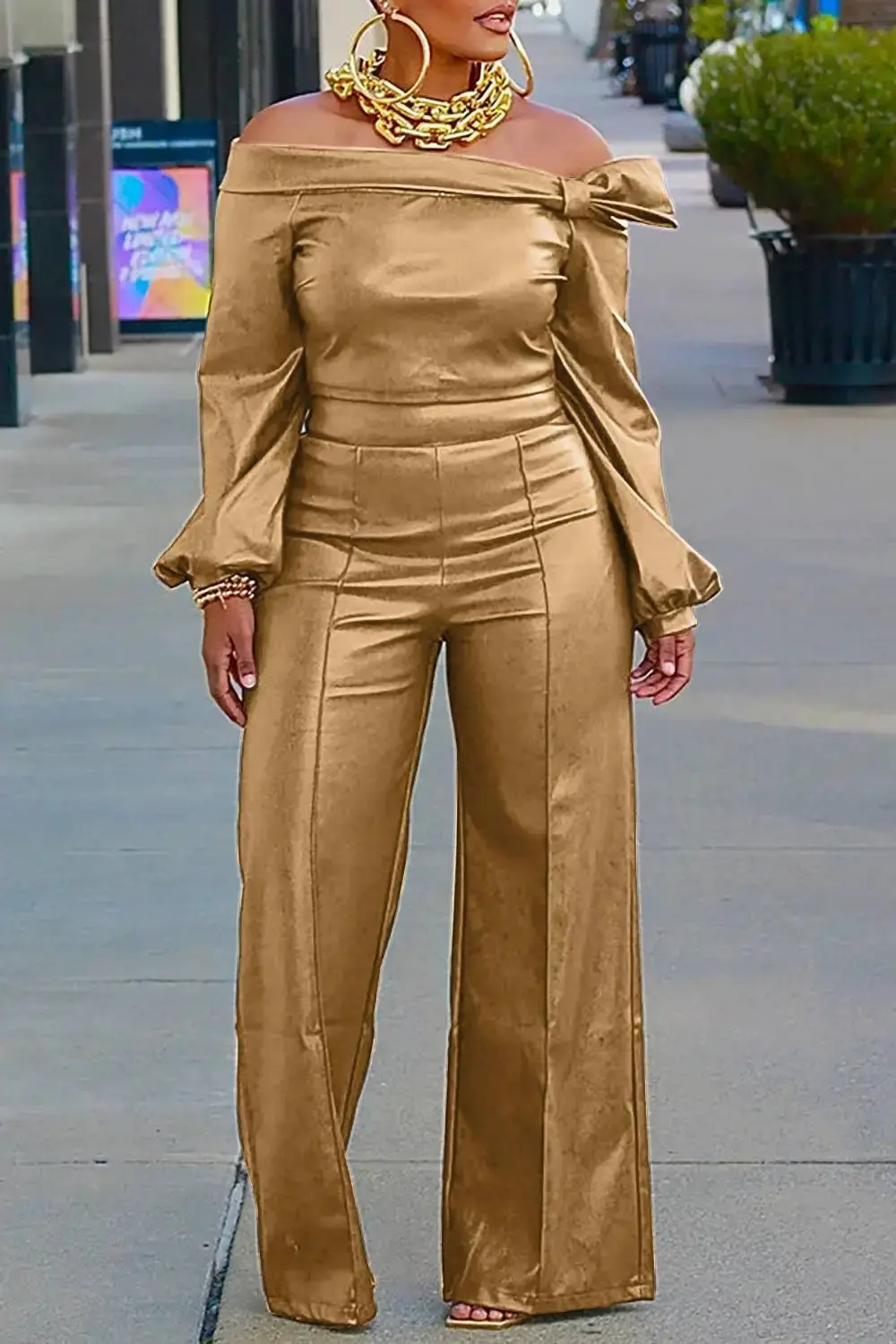 Fashion Semi Formal Women Two Piece Pant Set Burgundy Faux PU Leather Off The Shoulder Lantern Sleeve High Street Matching Set
