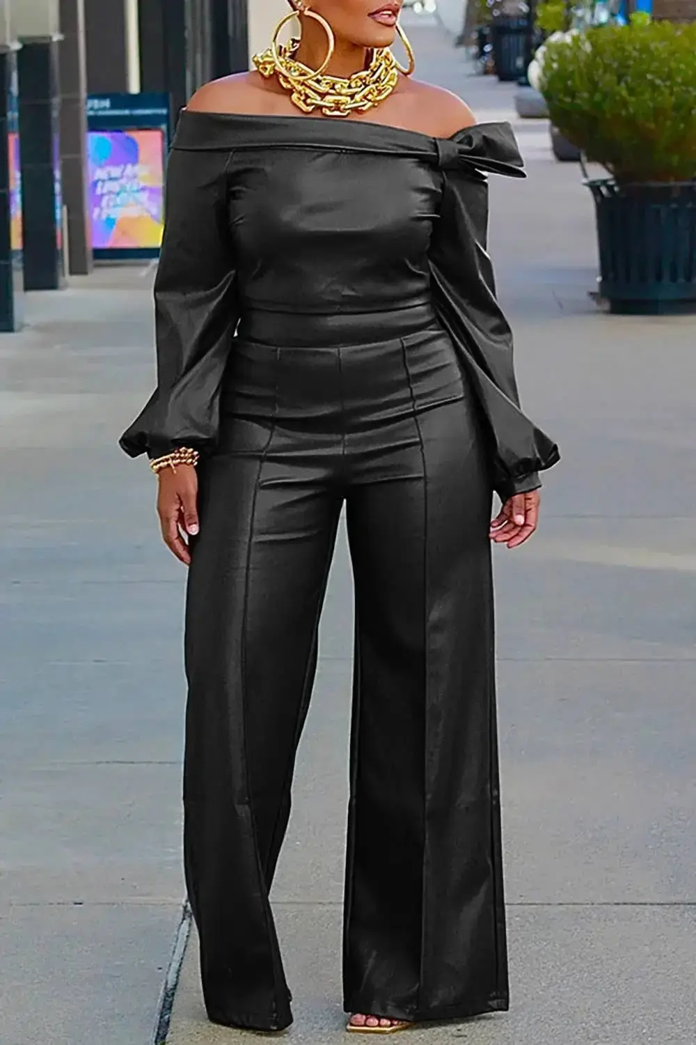 Fashion Semi Formal Women Two Piece Pant Set Burgundy Faux PU Leather Off The Shoulder Lantern Sleeve High Street Matching Set
