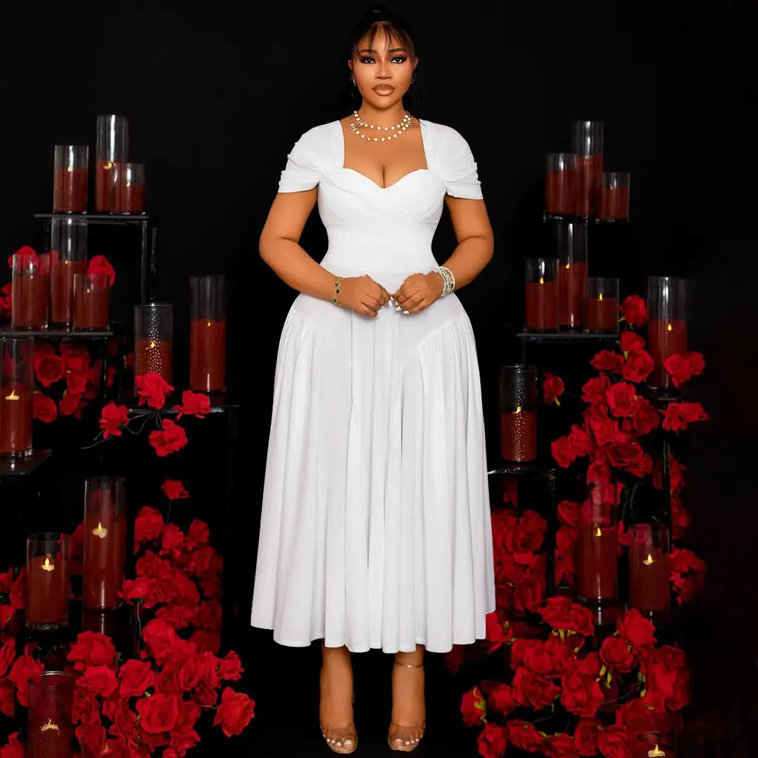 Women Plus Size Dress for Party Puff Sleeve Heart Collar Pleated A-Line Solid Vintage Elegant Wedding Guest Short Sleeve Dress