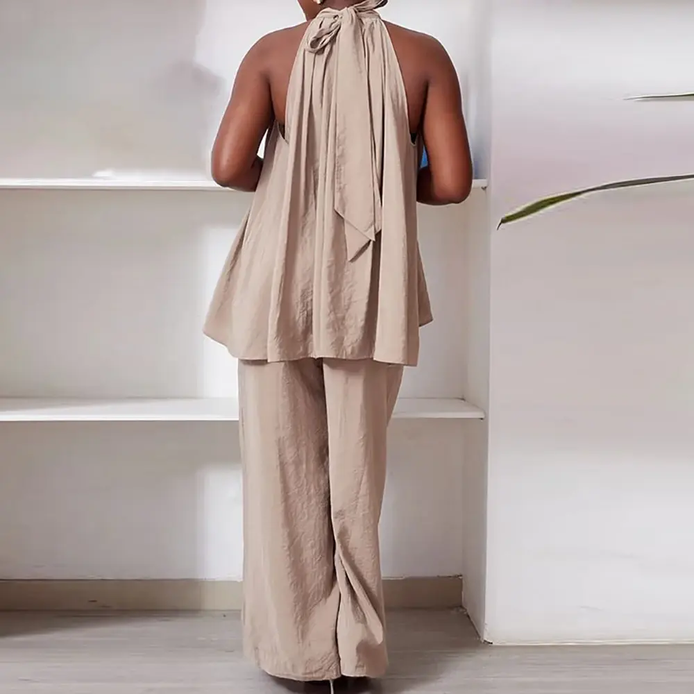 Women Casual Plus Size Two Piece Set Sleeveless Lace Up Round Neck Tops and High Waist Loose Flare Pant Matching Set Outfits