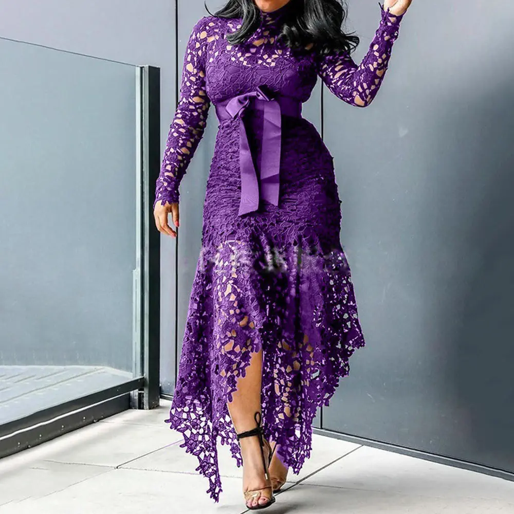 Women Plus Size Lace Hollow Out Dress Elegant Vintage Patchwork Mermaid Dress Autumn Asymmetric Hem Cocktail Wedding Guest Dress