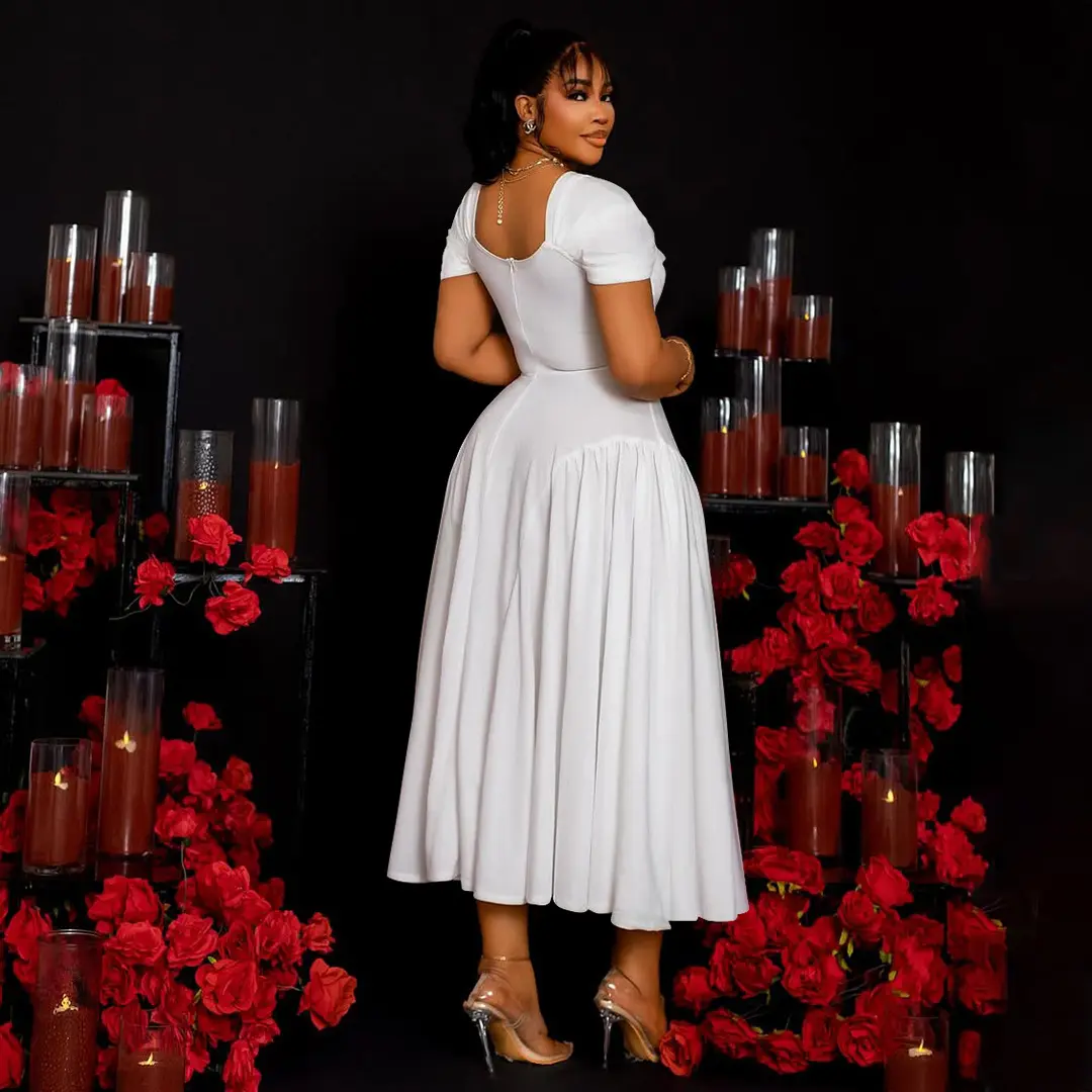 Women Plus Size Dress for Party Puff Sleeve Heart Collar Pleated A-Line Solid Vintage Elegant Wedding Guest Short Sleeve Dress