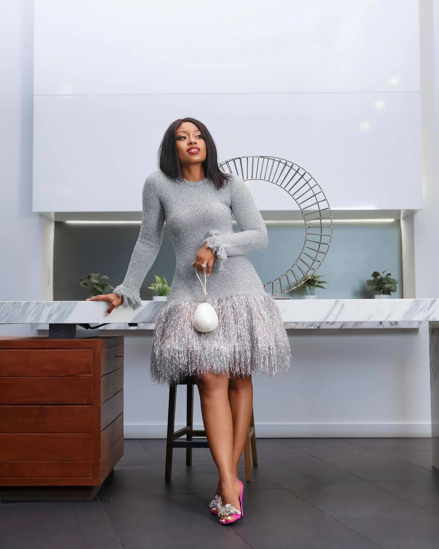 Sequin Sparkly Mini Dress for Women Ostrich Feather Hem Sexy Round Neck Long Sleeve Slim High Street Elegant Autumn Dresses