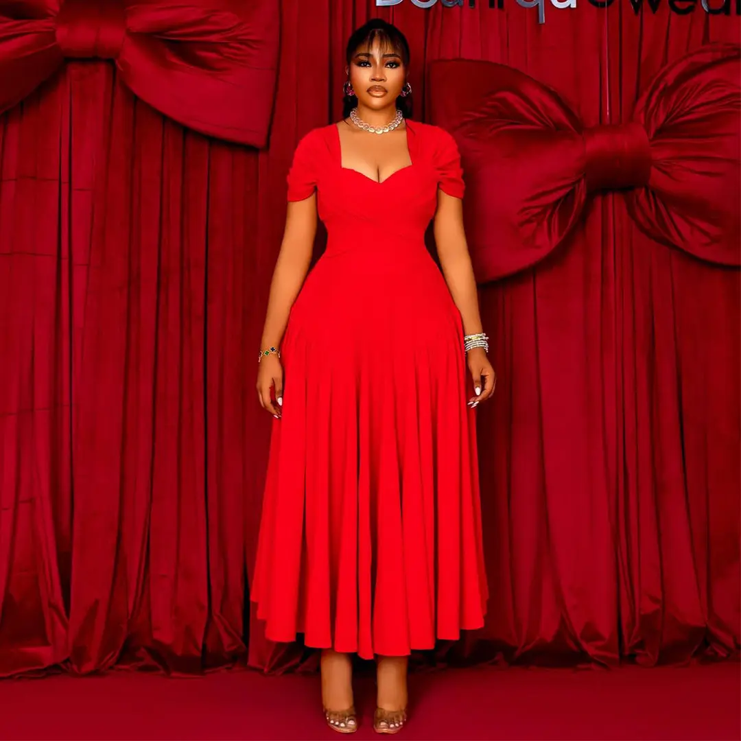 Women Plus Size Dress for Party Puff Sleeve Heart Collar Pleated A-Line Solid Vintage Elegant Wedding Guest Short Sleeve Dress