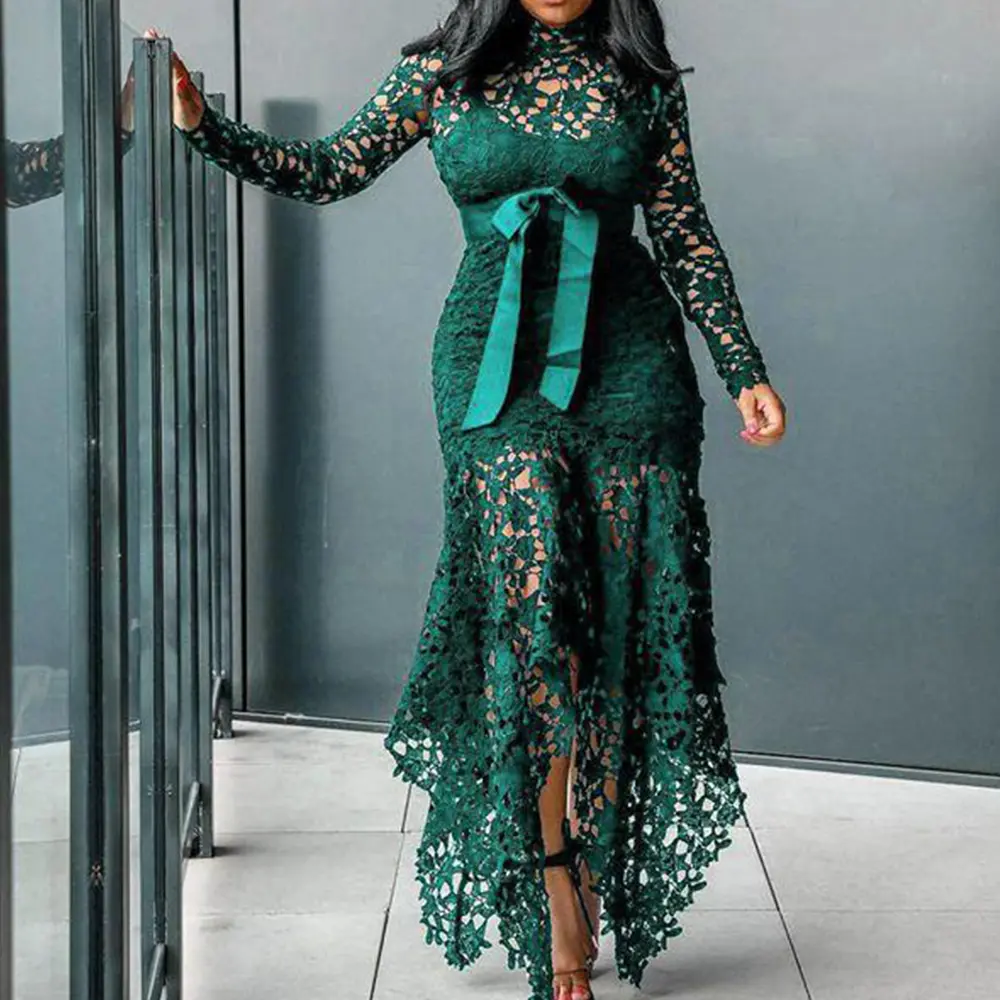 Women Plus Size Lace Hollow Out Dress Elegant Vintage Patchwork Mermaid Dress Autumn Asymmetric Hem Cocktail Wedding Guest Dress