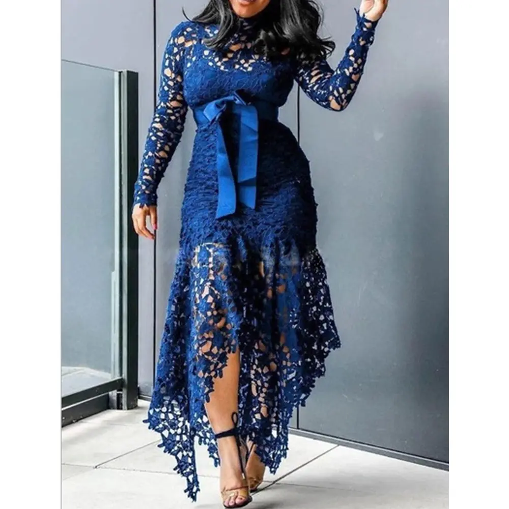 Women Plus Size Lace Hollow Out Dress Elegant Vintage Patchwork Mermaid Dress Autumn Asymmetric Hem Cocktail Wedding Guest Dress