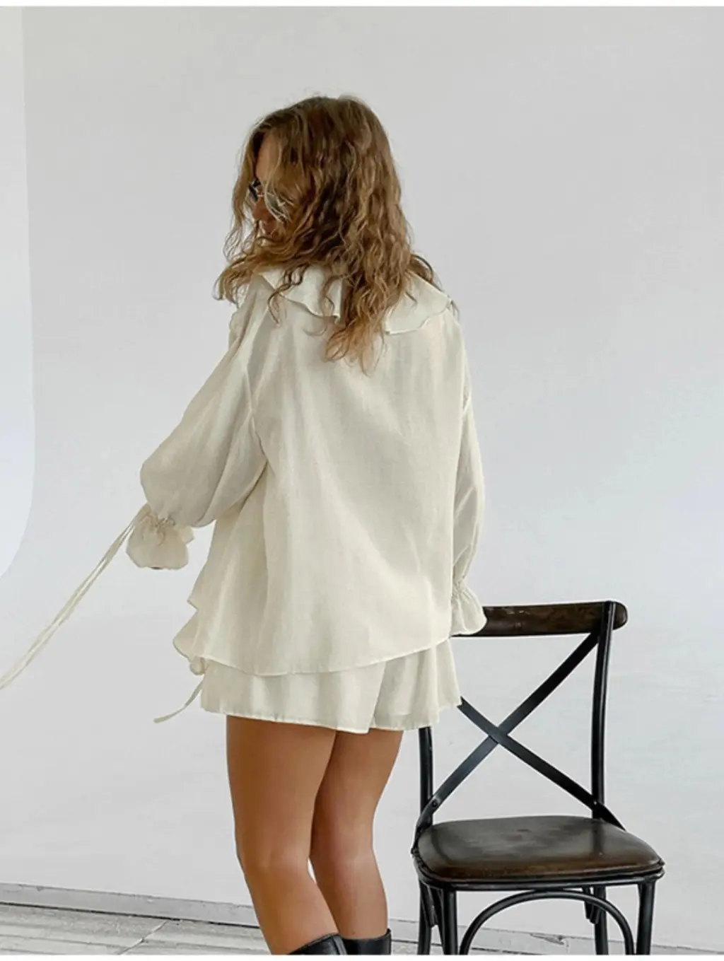 Women Chiffon Ruffle Bandage Two Piece Shorts Set Lace-up Flare Ruffle Sleeve Elegant High Street Casual Vintage Matching Set