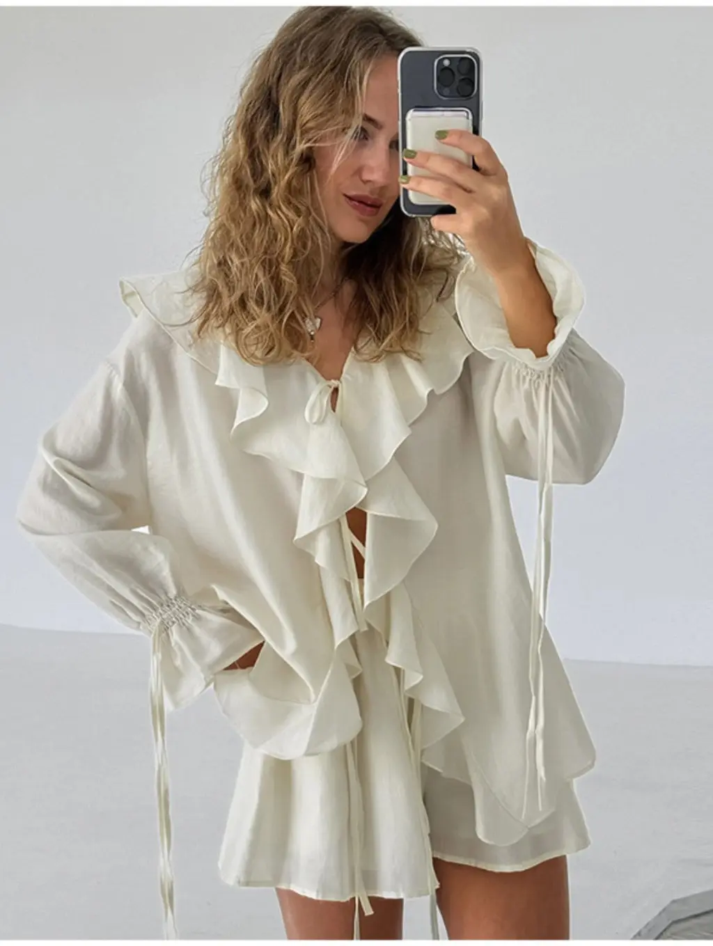 Women Chiffon Ruffle Bandage Two Piece Shorts Set Lace-up Flare Ruffle Sleeve Elegant High Street Casual Vintage Matching Set