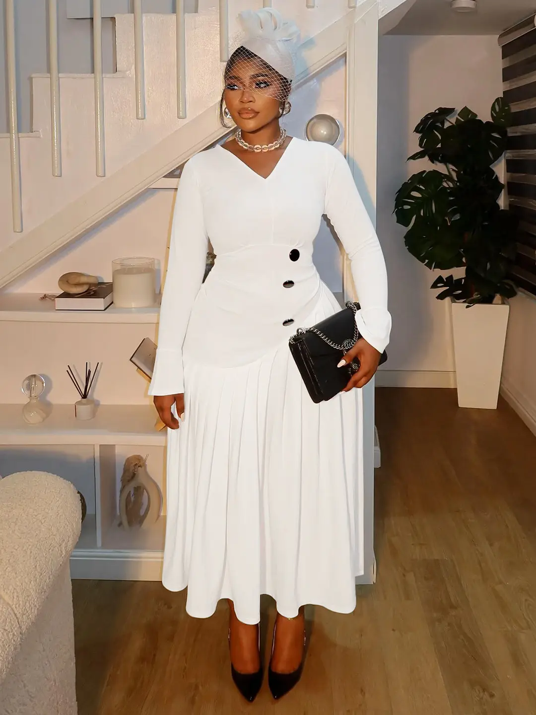 Women Plus Size Dress Long Sleeve V-Neck Button Irregular Pleated A-Line Elegant Vintage Afican Wedding Guest Cocktail Dress