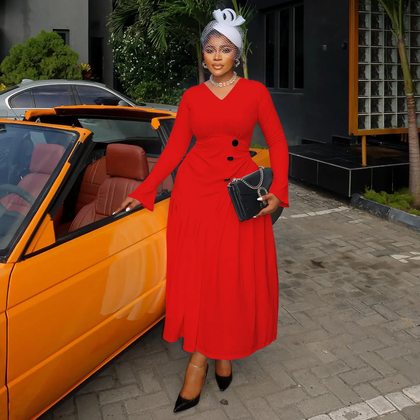 Women Plus Size Dress Long Sleeve V-Neck Button Irregular Pleated A-Line Elegant Vintage Afican Wedding Guest Cocktail Dress