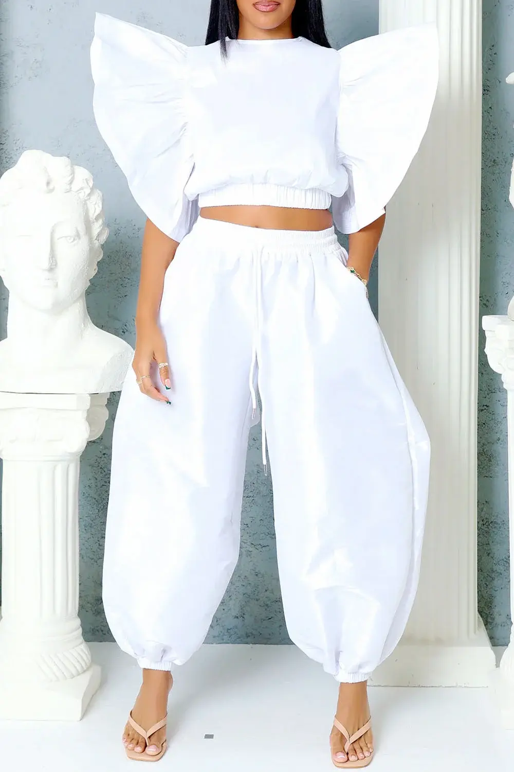 Women's Plus Size Matching Set Round Neck Flutter Sleeves Short Sleeve Tops and Loose Trousers Casual Two Pieces Sets for Summer