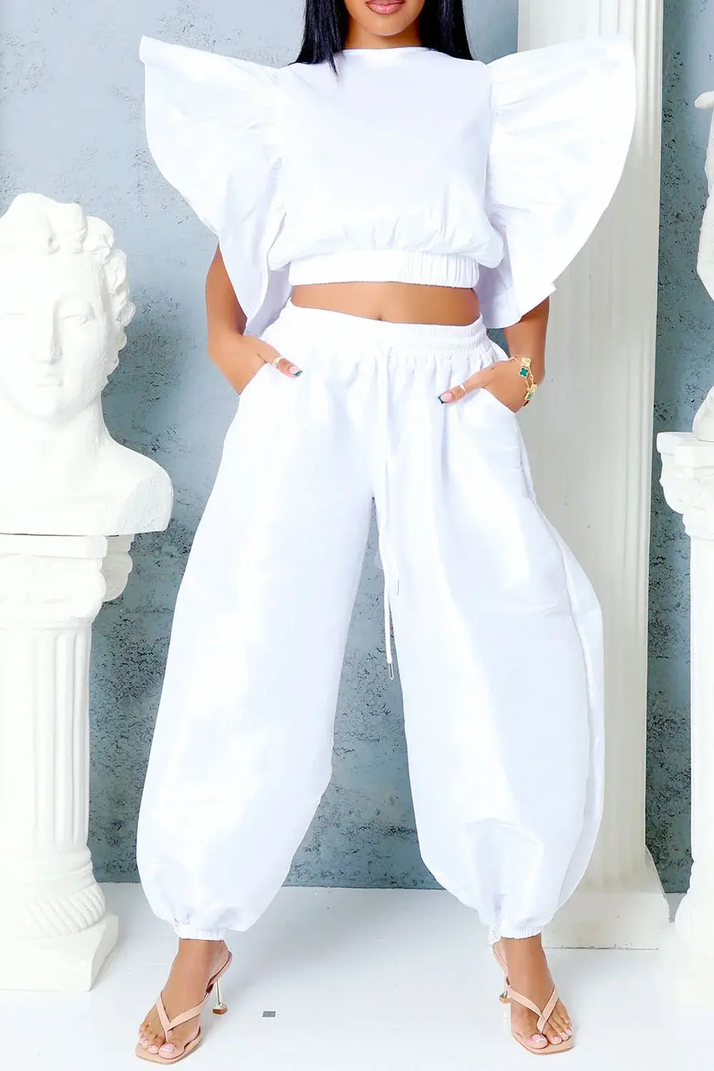 Women's Plus Size Matching Set Round Neck Flutter Sleeves Short Sleeve Tops and Loose Trousers Casual Two Pieces Sets for Summer