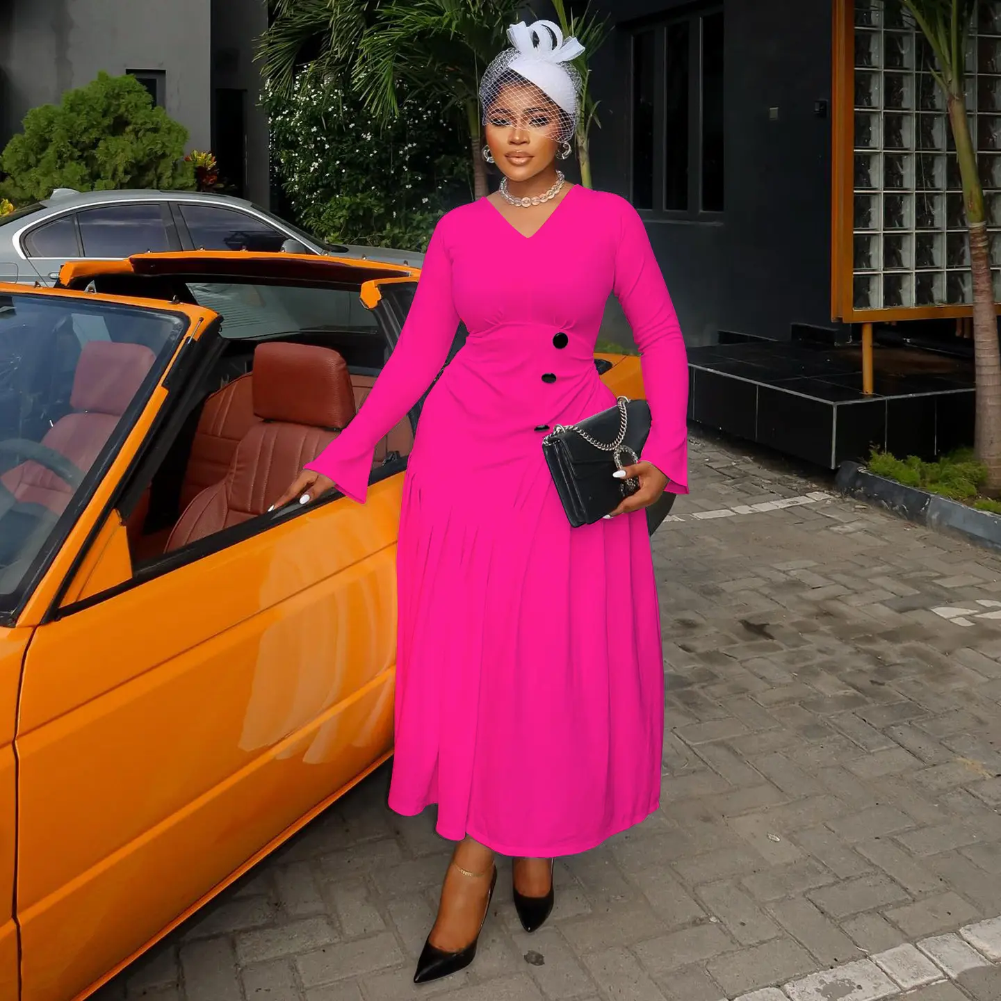 Women Plus Size Dress Long Sleeve V-Neck Button Irregular Pleated A-Line Elegant Vintage Afican Wedding Guest Cocktail Dress