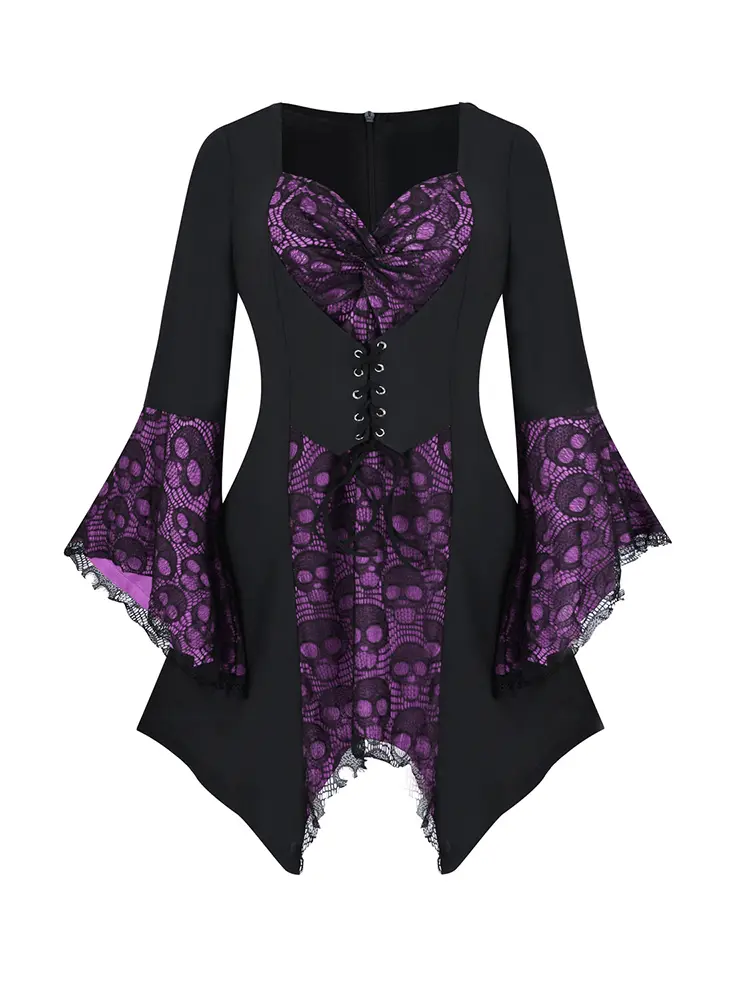 Women Plus Size Gothic Punk T shirt Lace Bandage Sexy V-Neck Flare Sleeve Lace Patchwork Irregular Hem Corset Tee Tops for Women