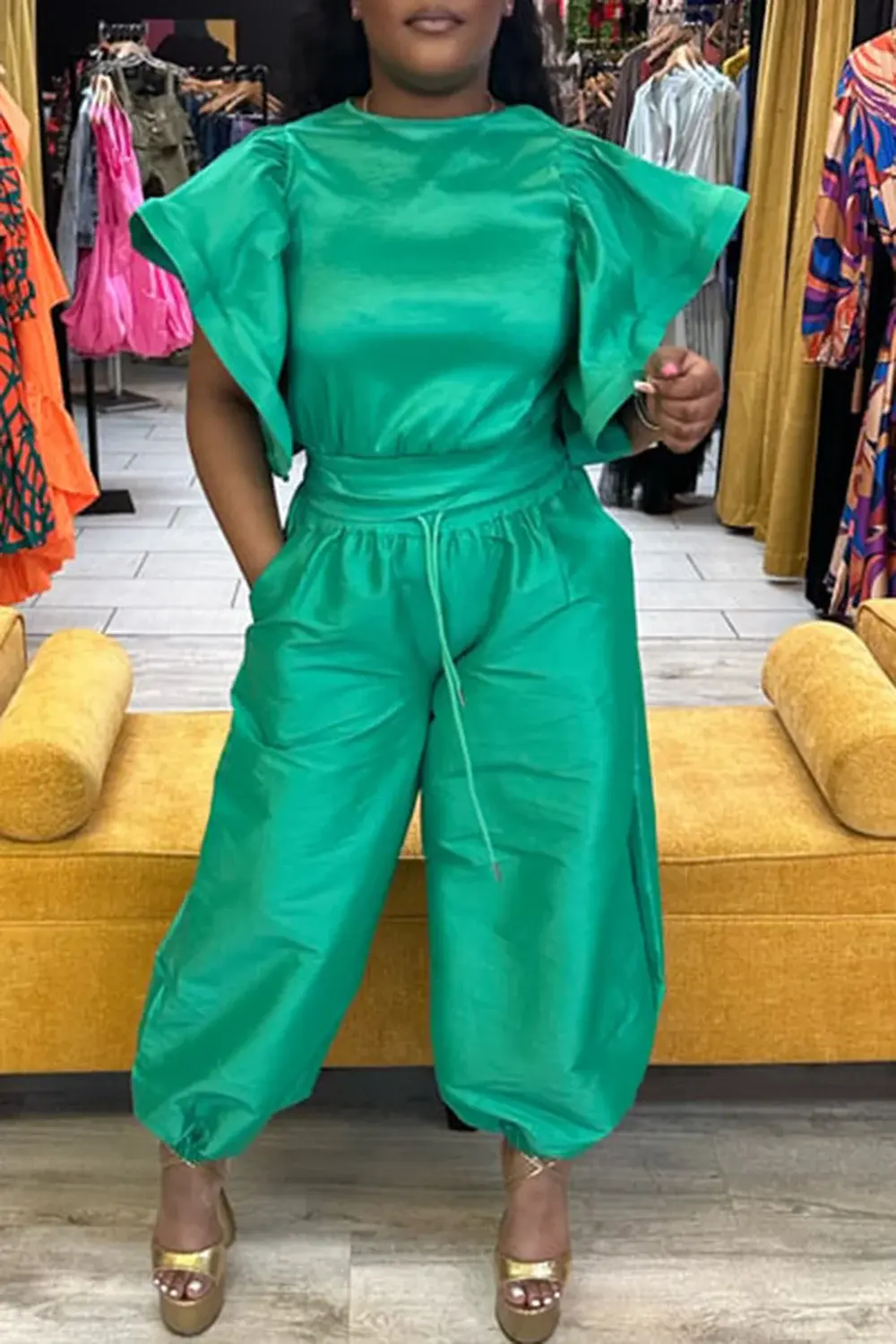 Women's Plus Size Matching Set Round Neck Flutter Sleeves Short Sleeve Tops and Loose Trousers Casual Two Pieces Sets for Summer