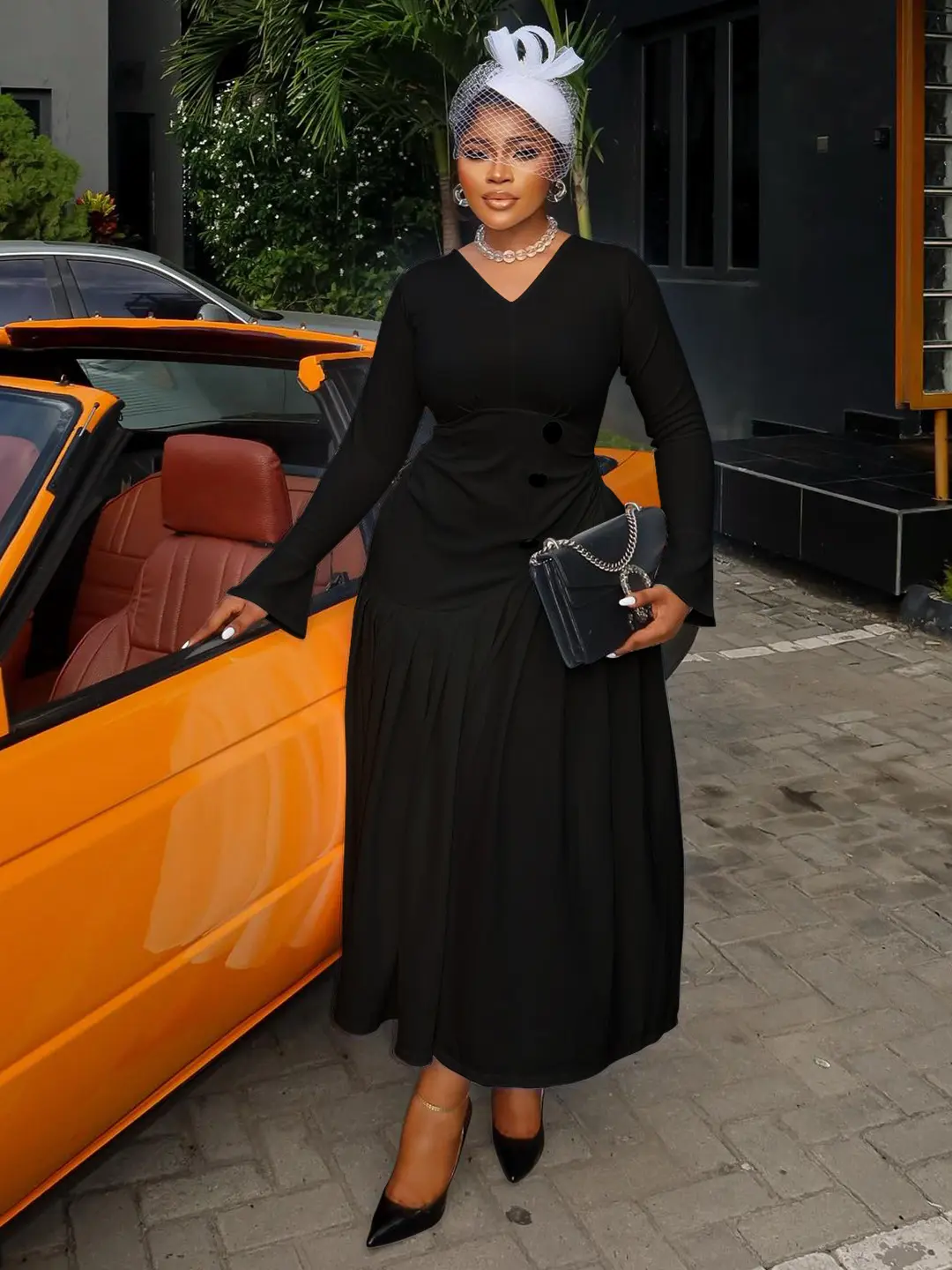 Women Plus Size Dress Long Sleeve V-Neck Button Irregular Pleated A-Line Elegant Vintage Afican Wedding Guest Cocktail Dress