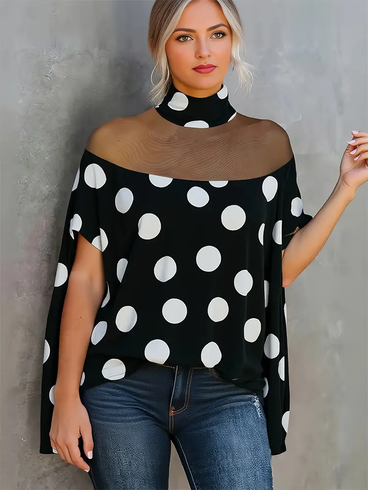 Polk Dot Printed Blouse for Women's Mesh See Through Batwing Sleeve Elegant Office Lady Stand Collar Shirts  Tops for Spring
