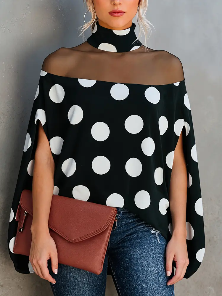 Polk Dot Printed Blouse for Women's Mesh See Through Batwing Sleeve Elegant Office Lady Stand Collar Shirts  Tops for Spring