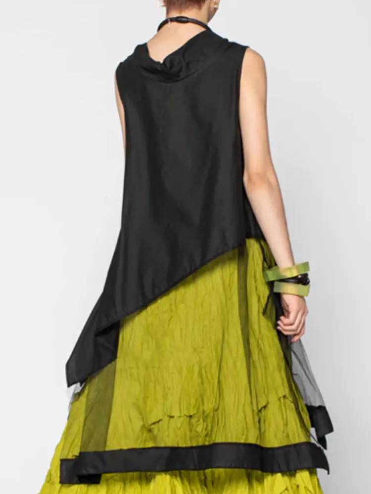 Women's Swinging Collar T shirt Sleeveless Mesh Asymmetric Hem See Through Summer Blouse Casual Streetwear Blouse Tops