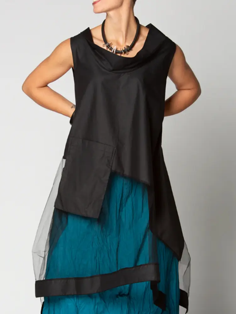 Women's Swinging Collar T shirt Sleeveless Mesh Asymmetric Hem See Through Summer Blouse Casual Streetwear Blouse Tops