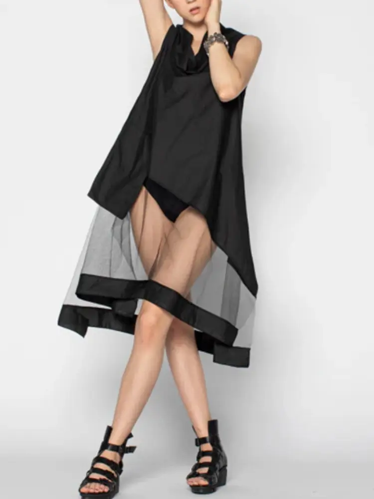 Women's Swinging Collar T shirt Sleeveless Mesh Asymmetric Hem See Through Summer Blouse Casual Streetwear Blouse Tops