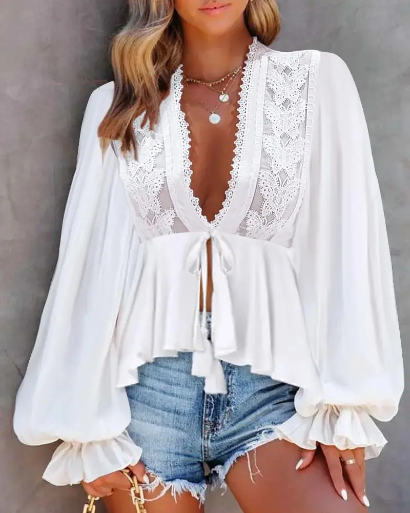 Lace Deep V Neck Blouse Shirt Lantern Sleeve Peplum Vitnage Lace-up Retro Casual Solid Chiffon Blouse for Women's 2025