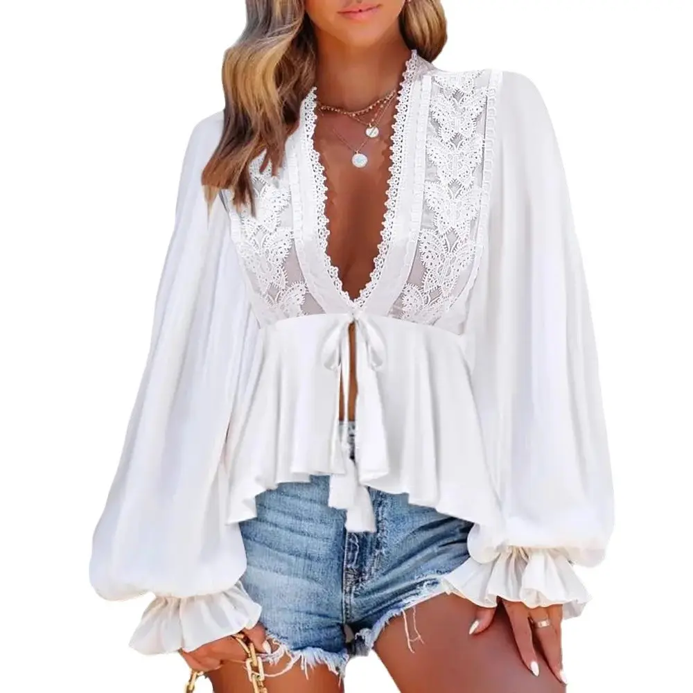 Lace Deep V Neck Blouse Shirt Lantern Sleeve Peplum Vitnage Lace-up Retro Casual Solid Chiffon Blouse for Women's 2025
