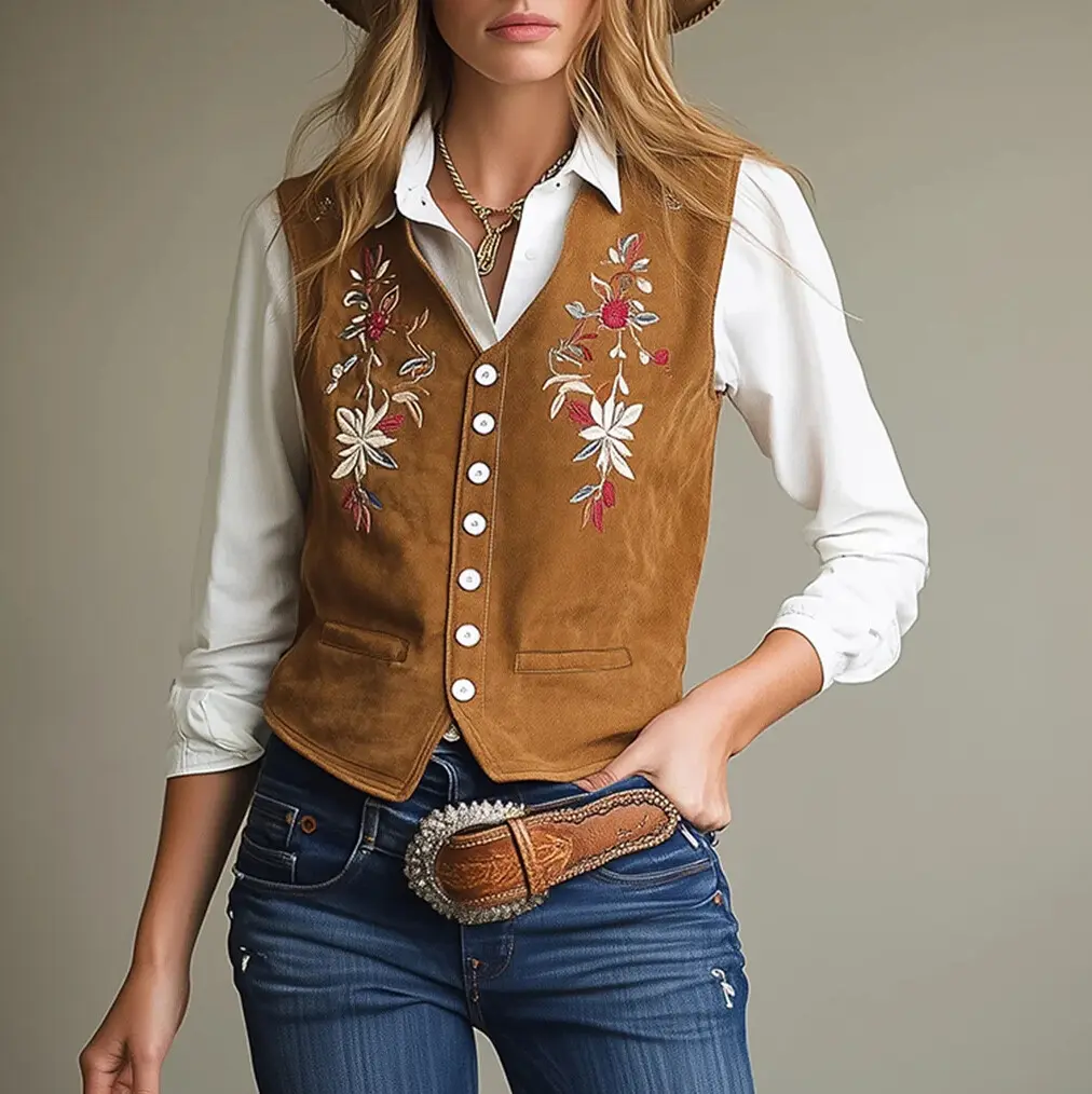 Western Suede Floral Embroidery V Neck Button Vest for Women Vintage Casual American Retro Sleeveless Tops 2025