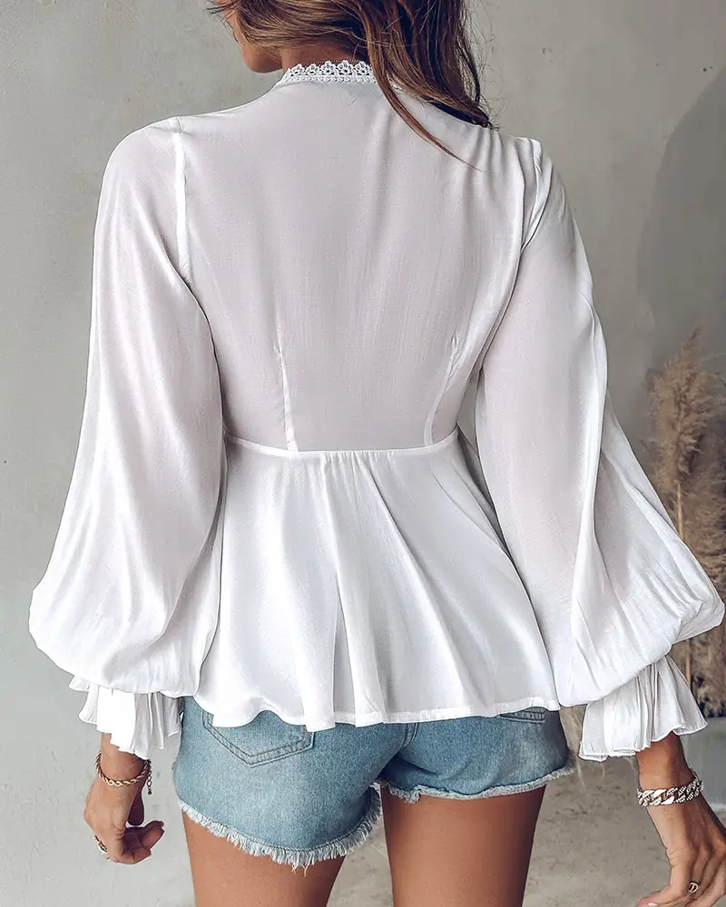Lace Deep V Neck Blouse Shirt Lantern Sleeve Peplum Vitnage Lace-up Retro Casual Solid Chiffon Blouse for Women's 2025