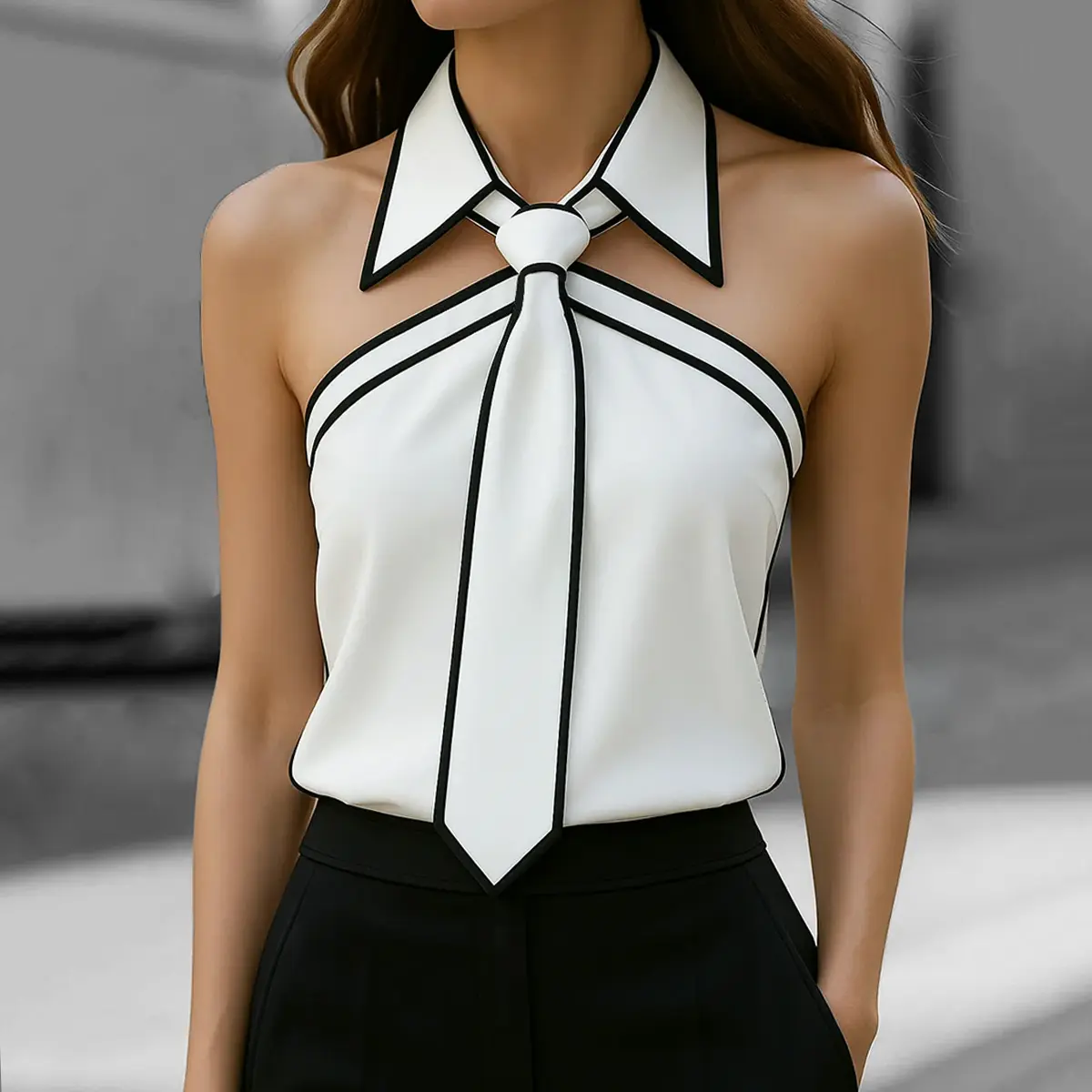 Women's Tank Tops Halter Tie Neck Contrast Binding Blouse Office Lady Summer Casual Streetwear Tank for Women's