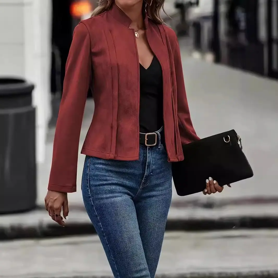 Women Jacket Long Sleeve Stand Collar American Retro Casual Autumn Winter Solid Slim Streetwear Short Coat for Women's 2025
