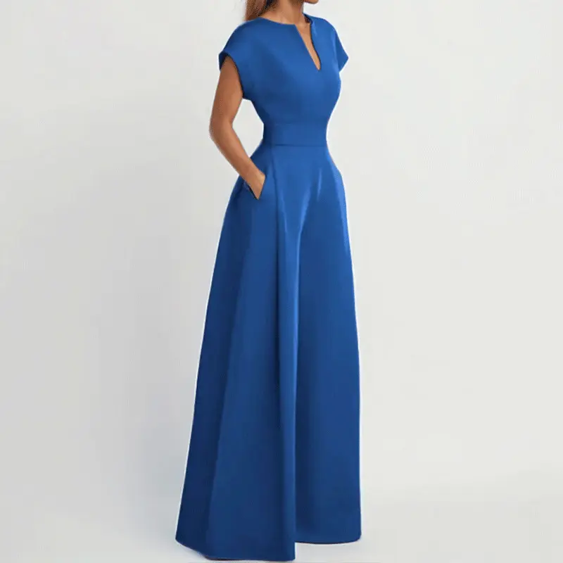 Women Elegant V-Neck Jumpsuit Short Sleeve Wide Leg Pant High Waist Solid Minimalist Casual Office Lady Pockets Rompers 2025