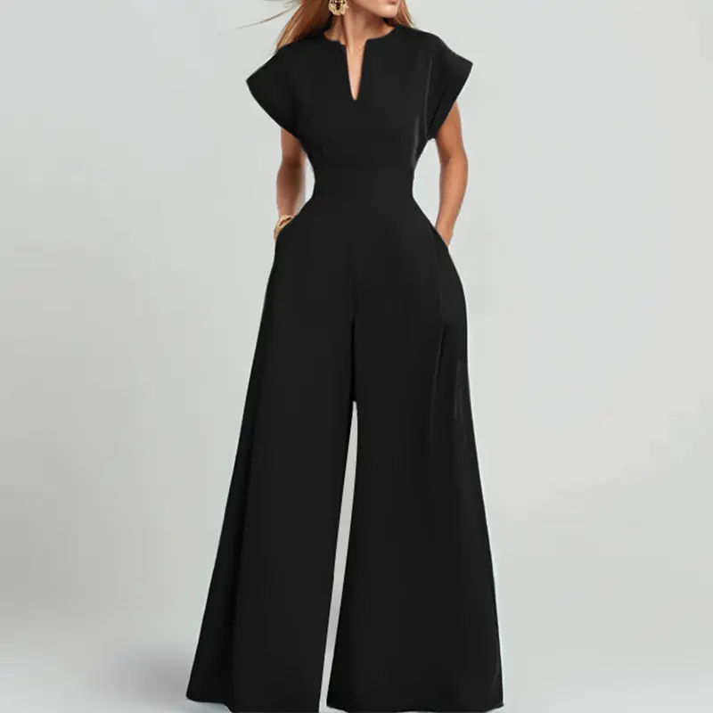 Women Elegant V-Neck Jumpsuit Short Sleeve Wide Leg Pant High Waist Solid Minimalist Casual Office Lady Pockets Rompers 2025