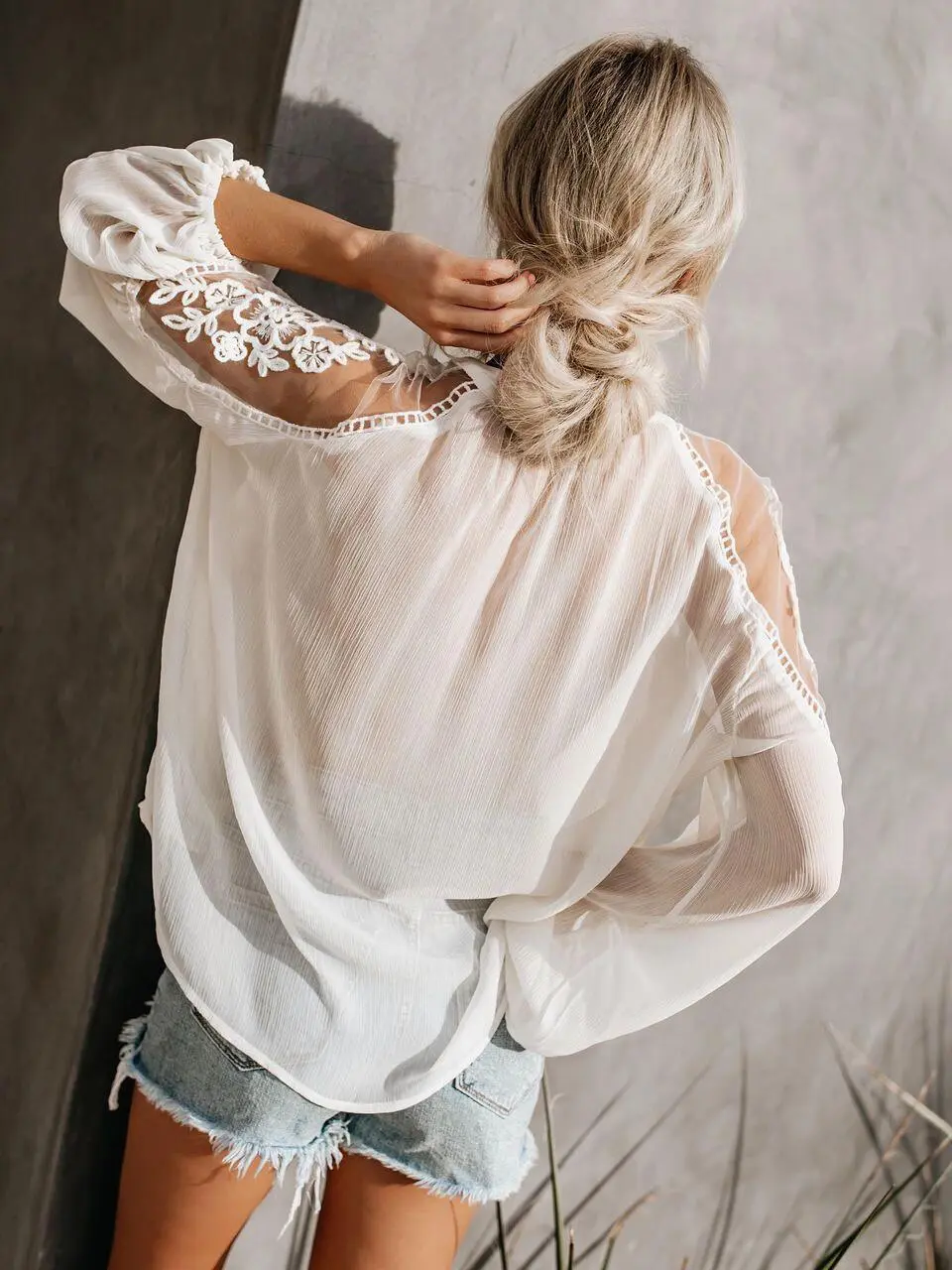 Sexy Women Lace Blouse Chiffon V-neck White Lace-up See Through Lantern Sleeve Elegant Chic Office Lady Long Sleeve Shirt Tops